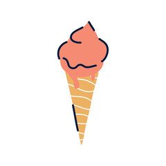 Vector illustration of a hand-drawn pink ice cream scoop in a waffle cone with simple decorative lines