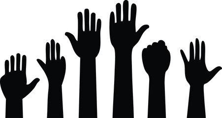 Obraz premium Vector Set of Raised Hands Silhouettes with Central Clenched Fist Symbolizing Unity and Activism