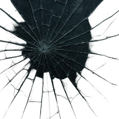Crack mirror surface, broken glass damage in high detail on transparency background. Shattered texture reflecting distress, fragmented and sharp destructive impact visible