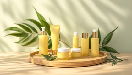 Yellow Skincare Collection on Bamboo Tray with Green Leaves