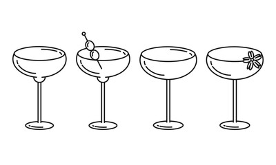 Cocktail glass icons set.Outline cocktails collection isolated on white background.flat line style simple martini glasses.Ideal for bar menu,party invitation.Editable Stroke.Vector illustration EPS10
