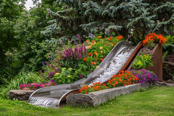 Water slide repurposed as a large garden feature surrounded by flowers  