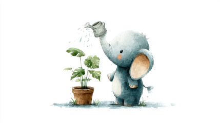 Cute Grey Elephant Watering a Small Plant in a Pot