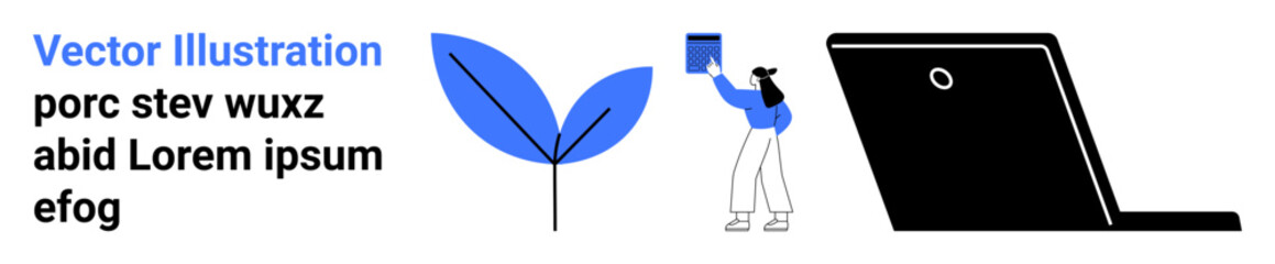 Abstract digital composition with a person holding a book, a blue leaf symbolizing growth, and a laptop. Ideal for education, eco-consciousness, technology, learning, business, growth simple landing