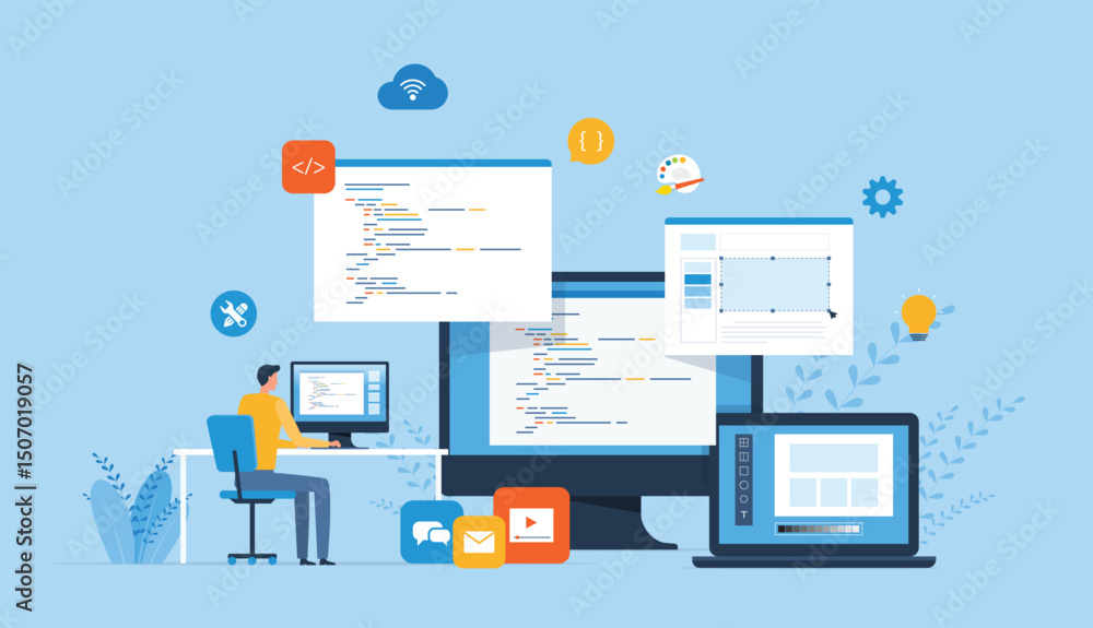 Aufkleber flat vector illustration  web design and web application design process concept. with a web designer and developer programmer team working. 