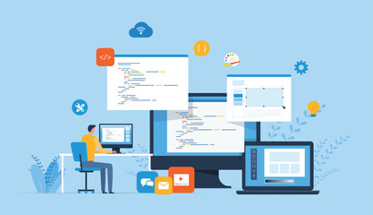 flat vector illustration  web design and web application design process concept. with a web designer and developer programmer team working. 