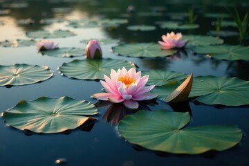Water lilies form intricate floral pattern on calm lake surface, pad, green, floral