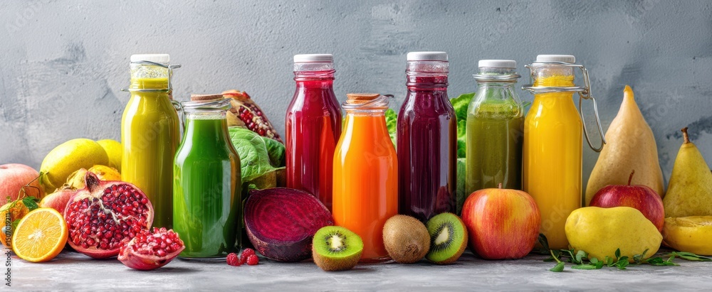 Poster the colorful array of fresh juices in glass bottles with fruits