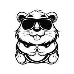 Cartoon marmot character with sunglasses, line art on isolated white