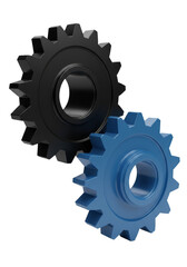 3D Rendering of Blue and Black Cogwheel Gears Rotating Transparent Background