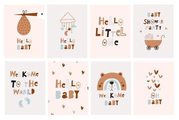 Baby shower invitation birthday greeting cards, posters for baby room. Vector