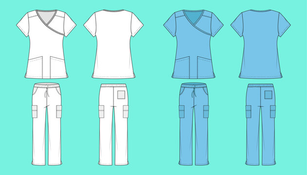 Medical Scrub set colour way fashion flat sketch CAD mockup front and back views.