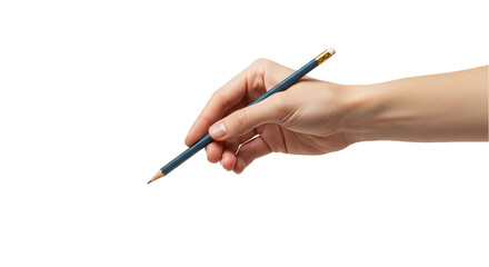 Isolated Image of Hand Holding Blue Pencil for Writing on White
