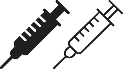 Syringe injection with needle silhouette icons set black flat, outline styles. Elements representing medical injections, vaccinations and healthcare displayed vectors. Equipment symbols illustration.