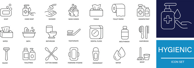 hygienic icon set featuring handwashing, sanitizer, bathroom, shower, cleaning, personal, face, masks, disinfection, soap, and health safety symbols.