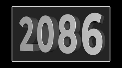 Happy New Year concept on the transparent background. Futuristic Cinematic 3d Animated Text - 2086. High Quality 4K footage 2086 countdown animation. Motion graphics of two thousand Eighty- six.
