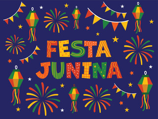 Naklejka premium Colorful Festa Junina poster with fireworks, lanterns, flags, and decorative lettering. Traditional Brazilian June festival celebration. Vector illustration on dark background.