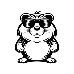 Stylized Standing Beaver Mascot with Sunglasses, Black and White Isolated
