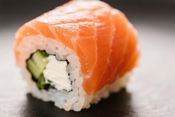 A single sushi roll with salmon, cucumber, and cream cheese filling