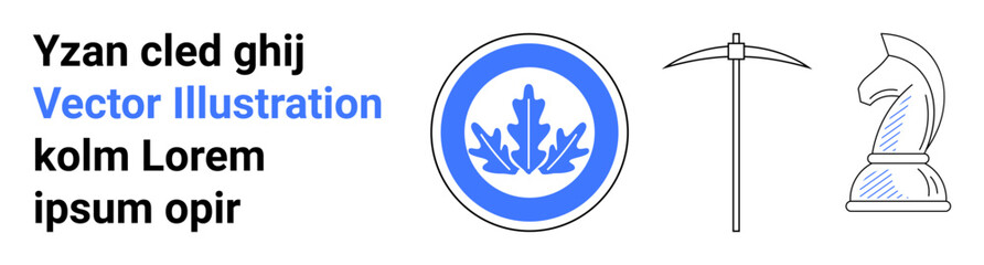 Fototapeta premium Leaf emblem in blue circle, outlined pickaxe, and chess knight symbolizing strategy, nature, tools, and focus. Ideal for branding, strategy, games tools nature concepts and simple landing page