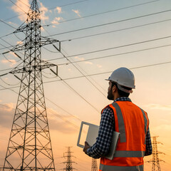 An electrical engineer, a young man, observes a power grid at sunset, holding a tablet, amidst industrial infrastructure. Generative AI.