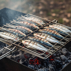 Grilled sardines with crispy skins cook on a hot metal grill over glowing embers, creating a smoky, delicious aroma. Generative AI.