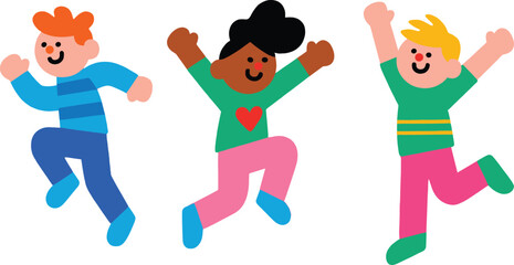 Happy diverse kids jumping and playing together in colorful casual clothes, joyful children having fun, energetic movement, cheerful multicultural friendship concept illustration