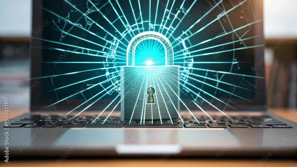 Poster a digital padlock breaking due to a cyberattack, symbolizing security breaches and vulnerabilities.