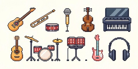 Pixel Art Musical Instruments – 8-bit Music Icons on White Background