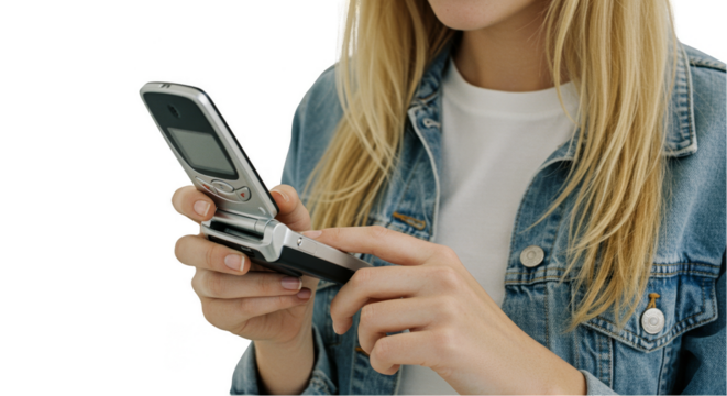Isolated Image Of Young Woman Using Silver Flip Phone On Transparent