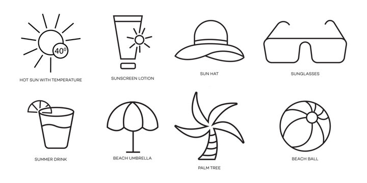 Line icons depict summer essentials hot sun, sunscreen, hat, sunglasses, drink, beach umbrella, palm tree, and beach ball. Perfect for travel brochures.
