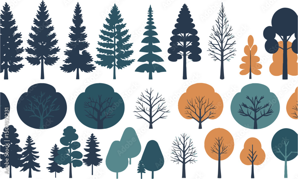 Poster a modern vector-style illustration set of various tree silhouettes, easily scalable and editable.