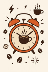 Morning coffee alarm clock wake up time concept. Energy caffeine break routine hot beverage steam cup beans sugar cube. Time management lifestyle breakfast daily vector