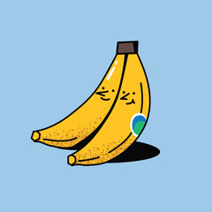 Two bananas with a sticker. Minimalistic japanese style. Smiling fruit. Isolated vector hand drawn illustration.