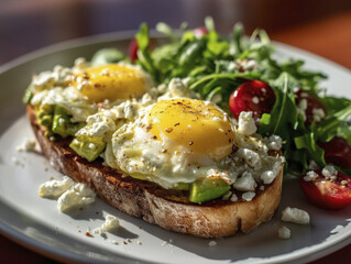 Healthy Breakfast Plate with Avocado, Poached Egg, and Feta Salad