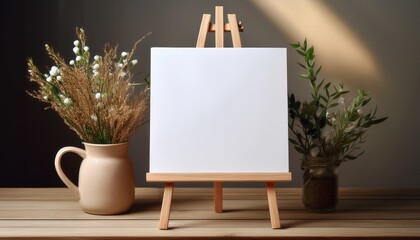 blank canvas mock up welcome sign signboard on a wooden easel