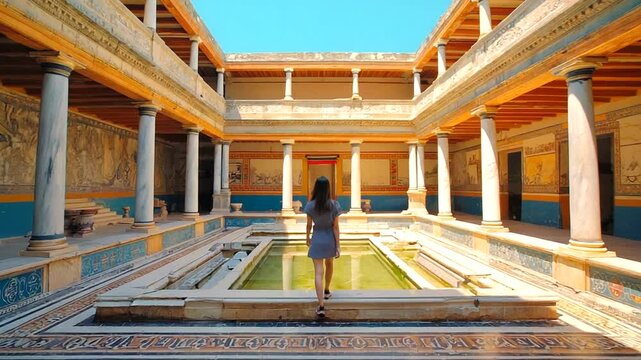 A visitor exploring the ancient Minoan palace of Knossos, surrounded by vibrant frescoes and ruins