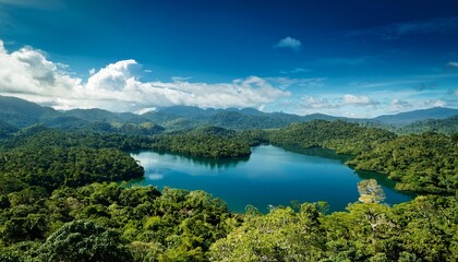 Naklejka premium lake surrounded by dense jungle near plateaus under blue sky