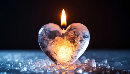  Heart shaped ice sculpture with a lit candle flame in the center, surrounded by melting ice on a dark background