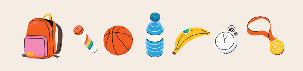 Set of various colorful sports icons. Backpack, vitamins, water, medal. Classic sports elements for training. Hand drawn trendy Vector illustration. Isolated elements