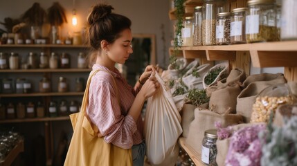 Woman shopping for herbs in a quaint natural products store during the afternoon