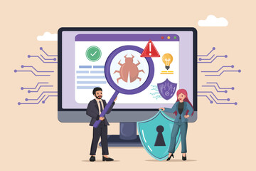 Malware Detection and Cybersecurity Experts Working to Protect a Computer System, Using a Magnifying Glass to Identify and Remove Digital Threats.
