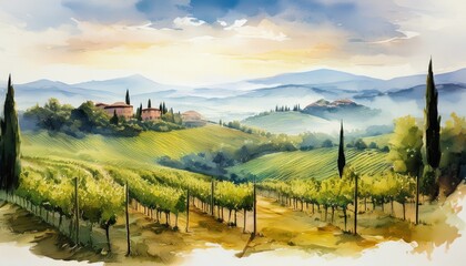 Naklejka premium misty tuscany vineyard landscape serene watercolor painting countryside view
