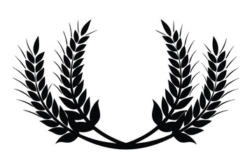Wheat Laurel Wreath Illustration in Black Silhouette Style with Two Crossed Stems and Leaves