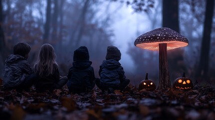 Children in autumn forest, watching glowing mushroom and pumpkins