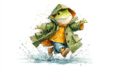 Happy Frog in Yellow Raincoat Splashing in Puddle