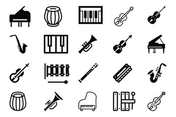 Set of musical instuments Guitar,Violin,Viola,Cello,Double Bass,Drum Set,Snare Drum,Bass Drum,Piano,Keyboard,Saxophone,Flute icon vector illustration on white background.