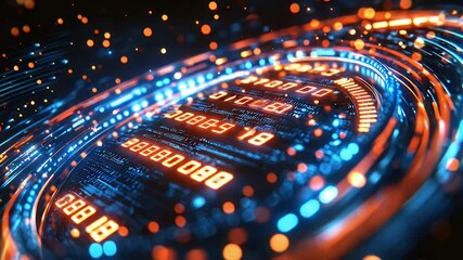 Abstract digital display with glowing numbers and circular patterns - Powered by Adobe