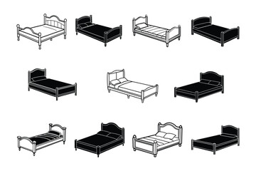  Set of bed,bedroom furniture line art, silhouette vector illustration on white background.