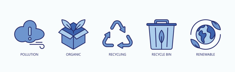Eco Cycle Icon Set Isolated Vector With Icon Of Pollution, Organic, Recycling, Recycle Bin, Renewable In Blue Style